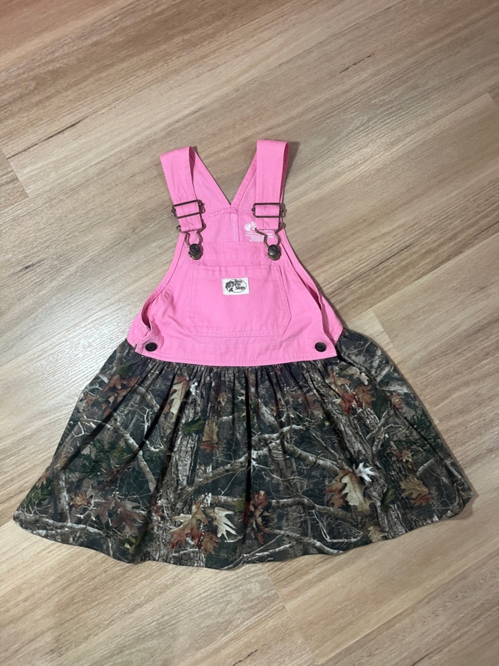 Bass Pro Shops Pink Overall Bib Dress Adjustable Straps with Camo Skirt, size 4T